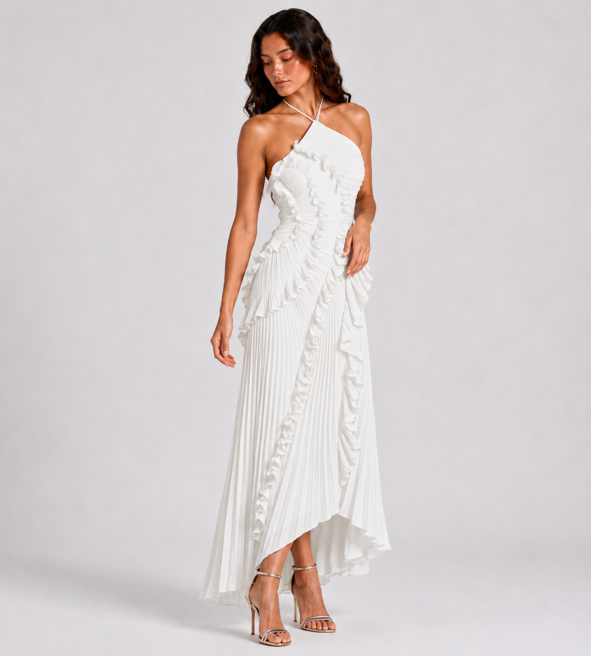 Evelina Pleated Ruffle Halter Maxi Dress - White