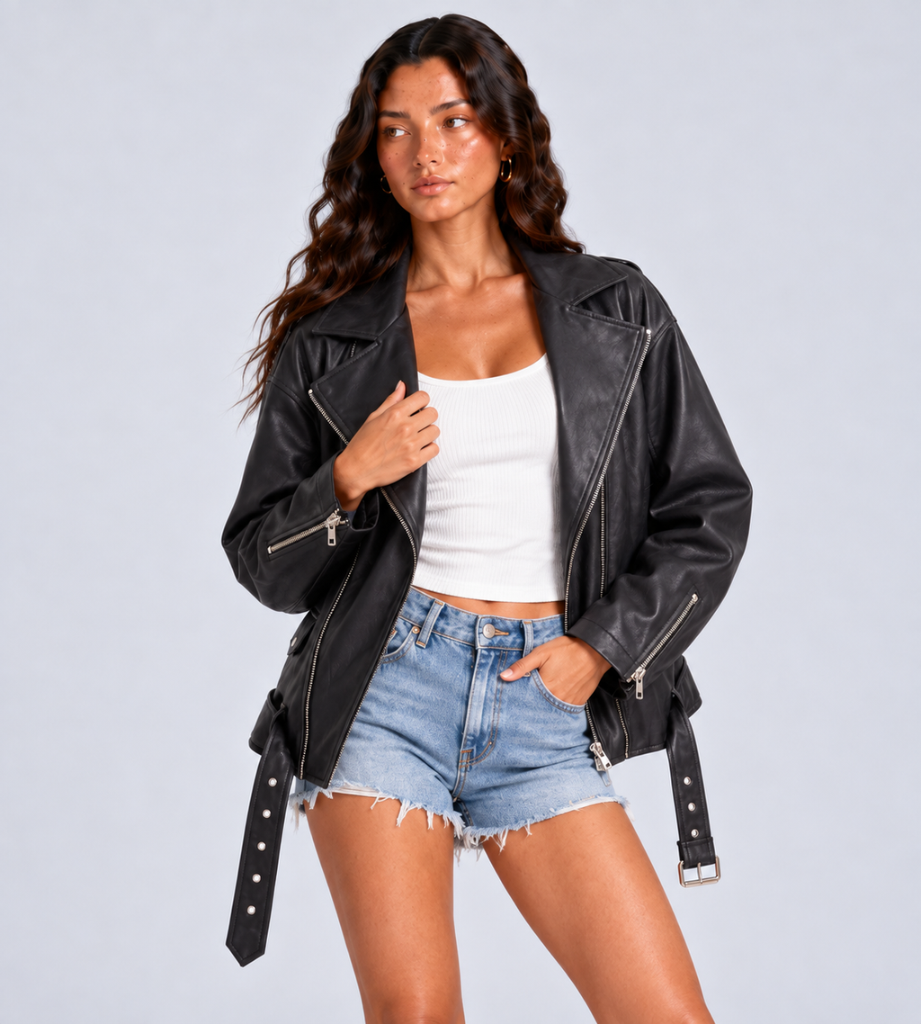 Mara Oversized Faux Leather Biker Jacket - Black