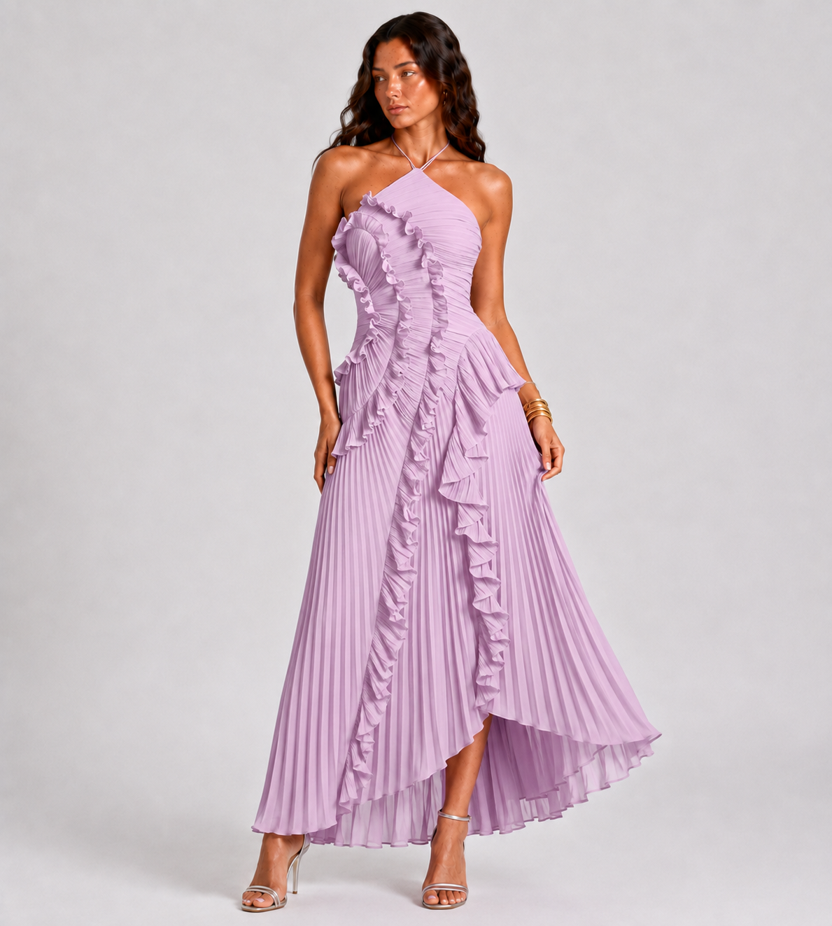 Evelina Pleated Ruffle Halter Maxi Dress - Lilac