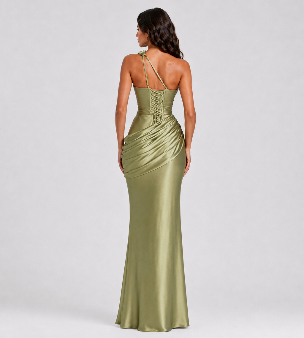 Isolde One-Shoulder Satin Maxi Dress - Olive