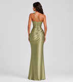 Isolde One-Shoulder Satin Maxi Dress - Olive
