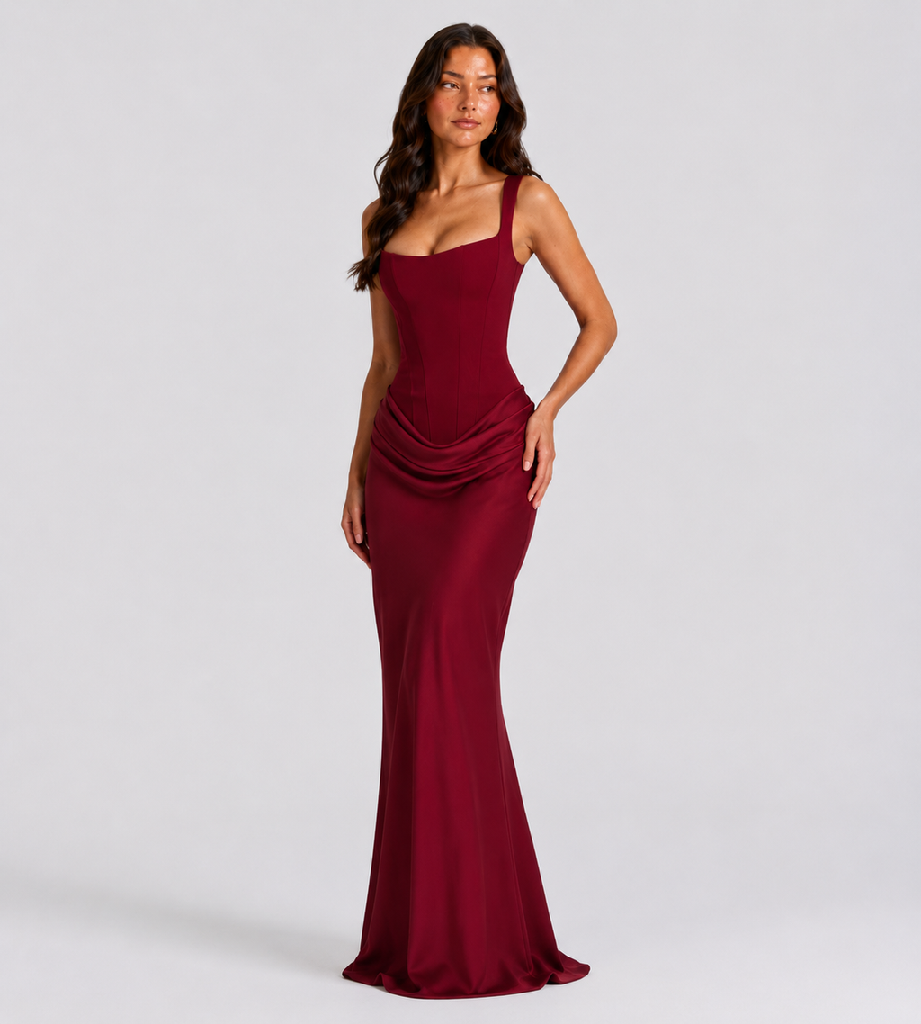 Alessia Cowl-Drape Corset Maxi Dress - Red