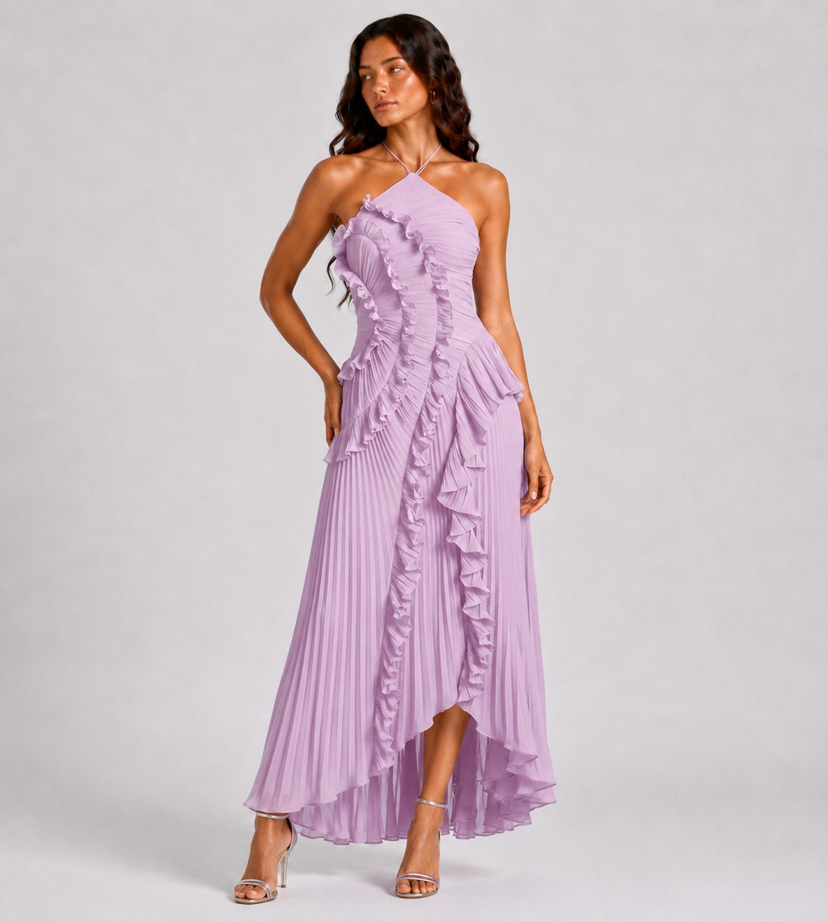 Evelina Pleated Ruffle Halter Maxi Dress - Lilac