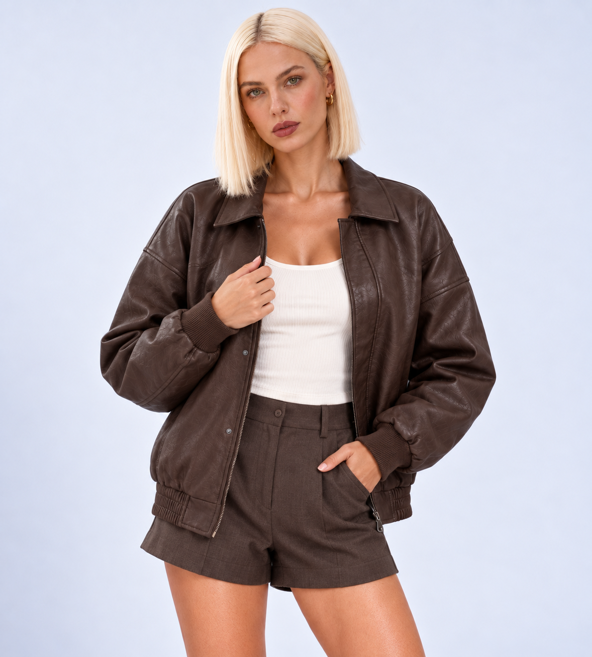 Noelle Oversized Faux Leather Bomber Jacket - Brown