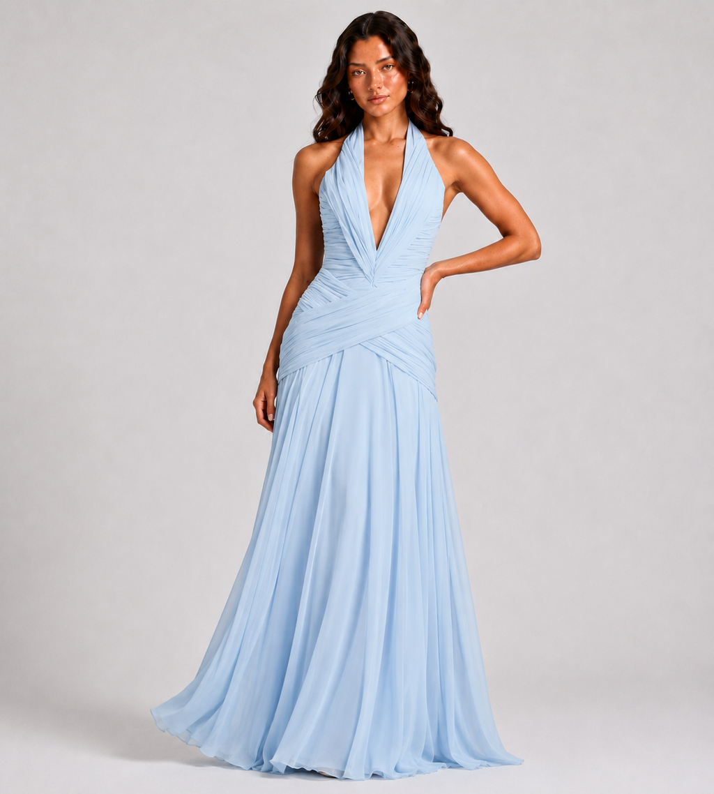 Elowen Draped Chiffon Halter Maxi Dress - Blue