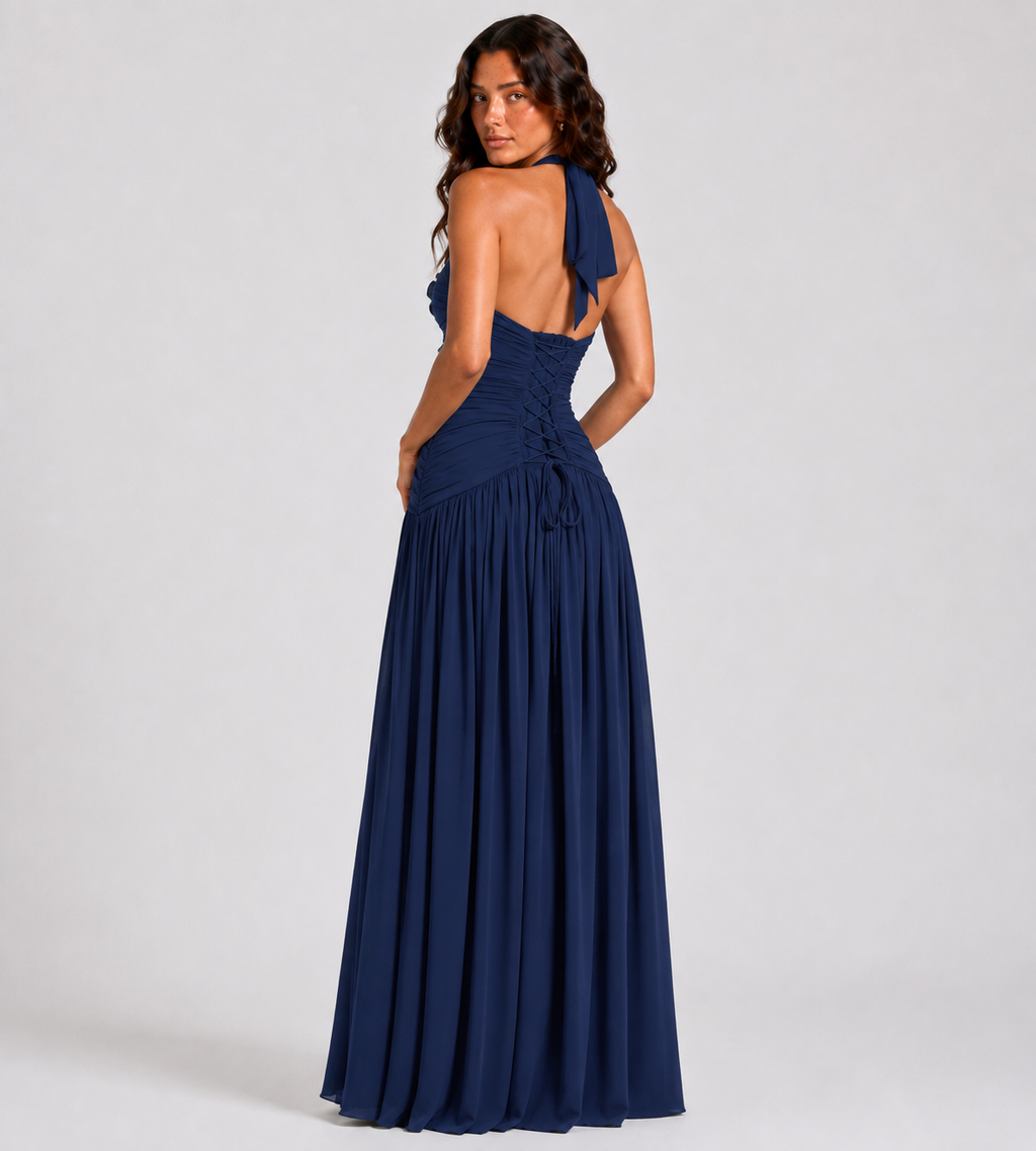 Seraphina Ruched Halter Maxi Dress - Navy