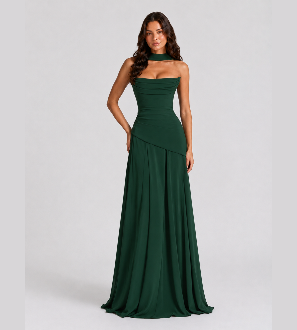 Delphine Scarf-Drape Corset Maxi Dress - Forest Green