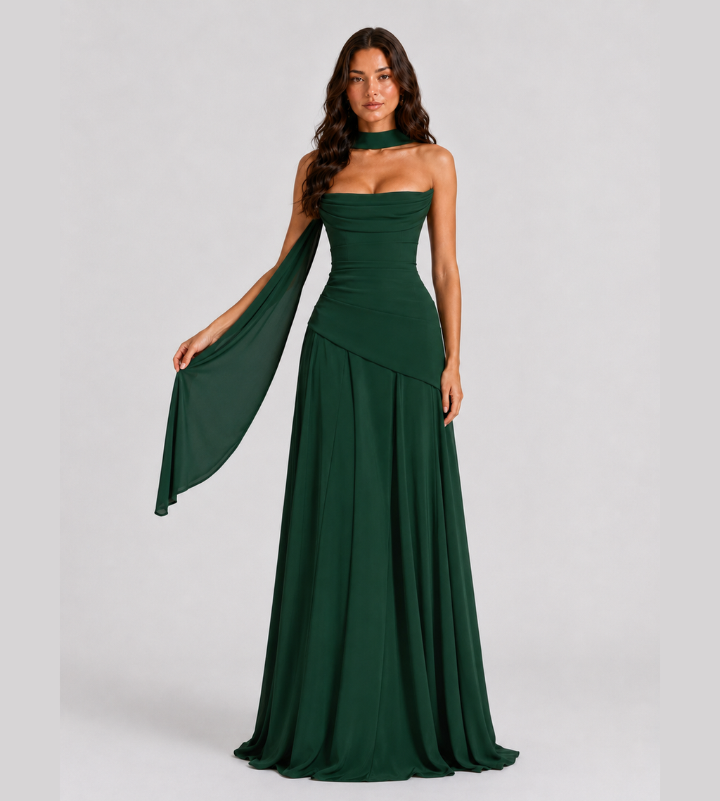 Delphine Scarf-Drape Corset Maxi Dress - Forest Green