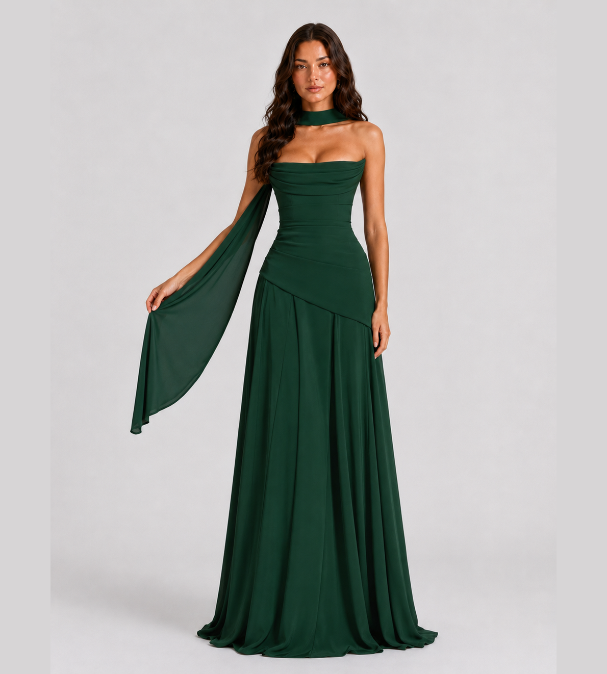 Delphine Scarf-Drape Corset Maxi Dress - Forest Green