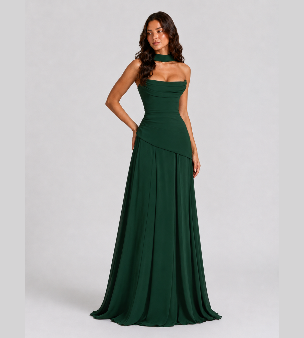 Delphine Scarf-Drape Corset Maxi Dress - Forest Green