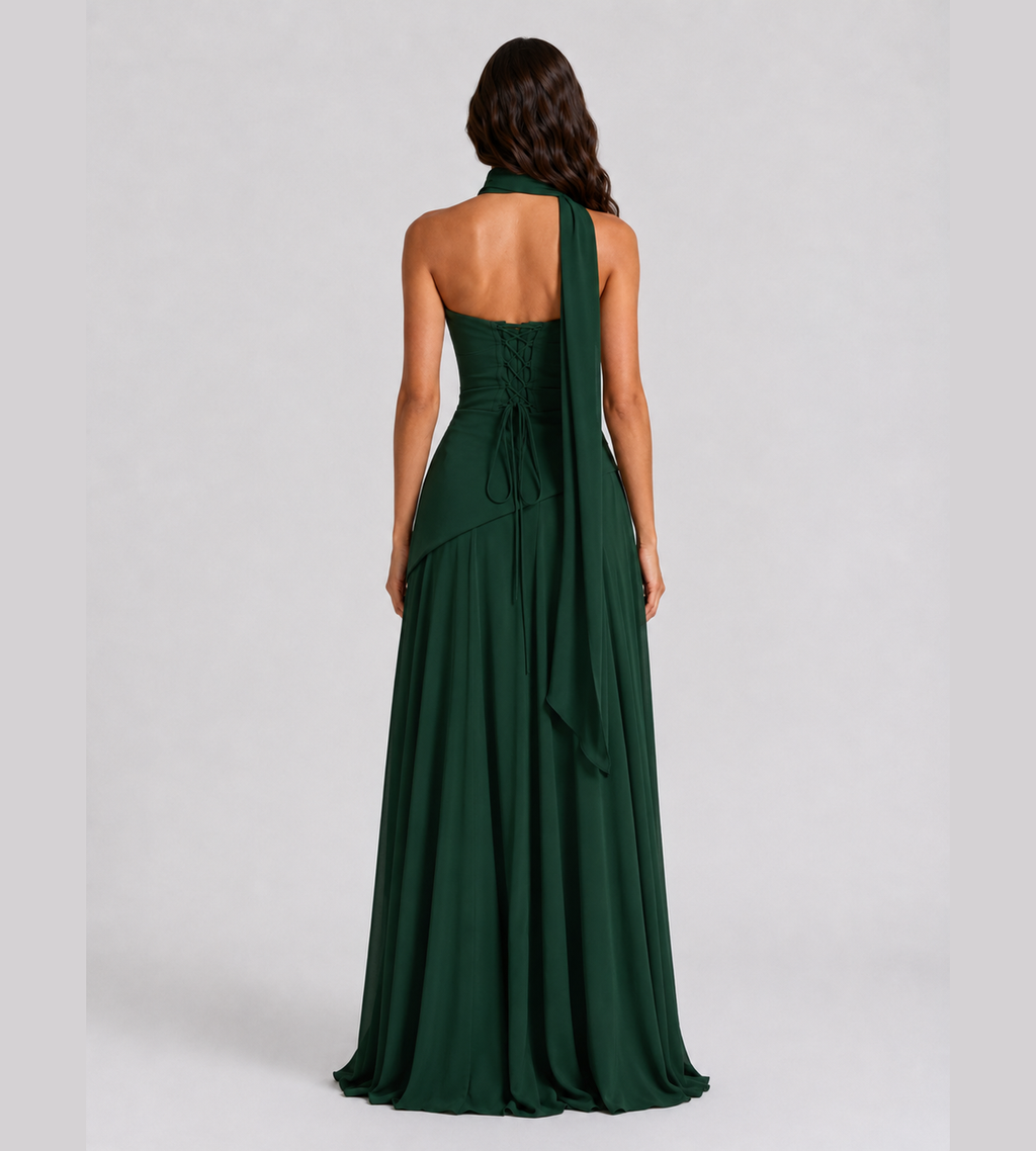 Delphine Scarf-Drape Corset Maxi Dress - Forest Green