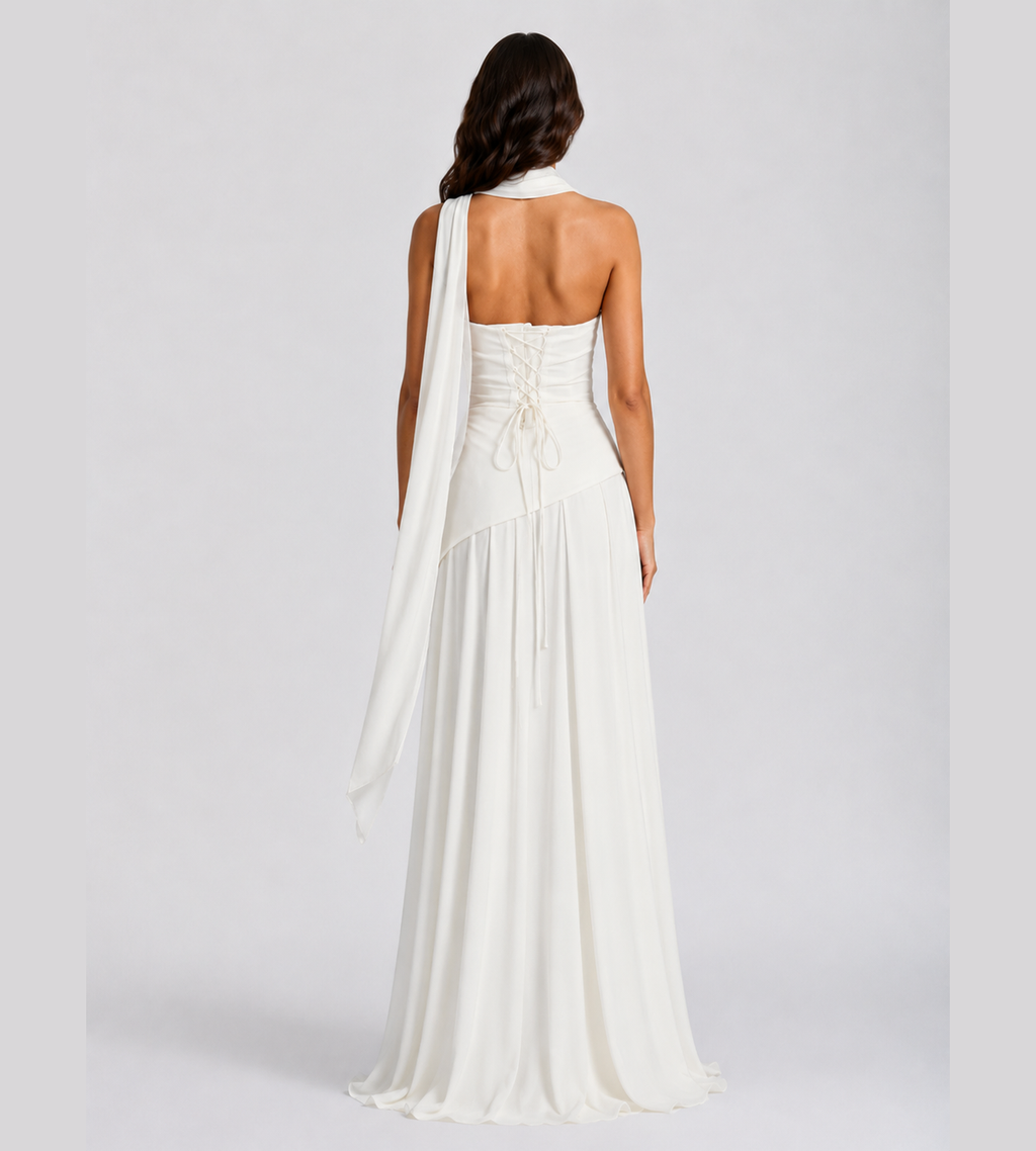 Delphine Scarf-Drape Corset Maxi Dress - White