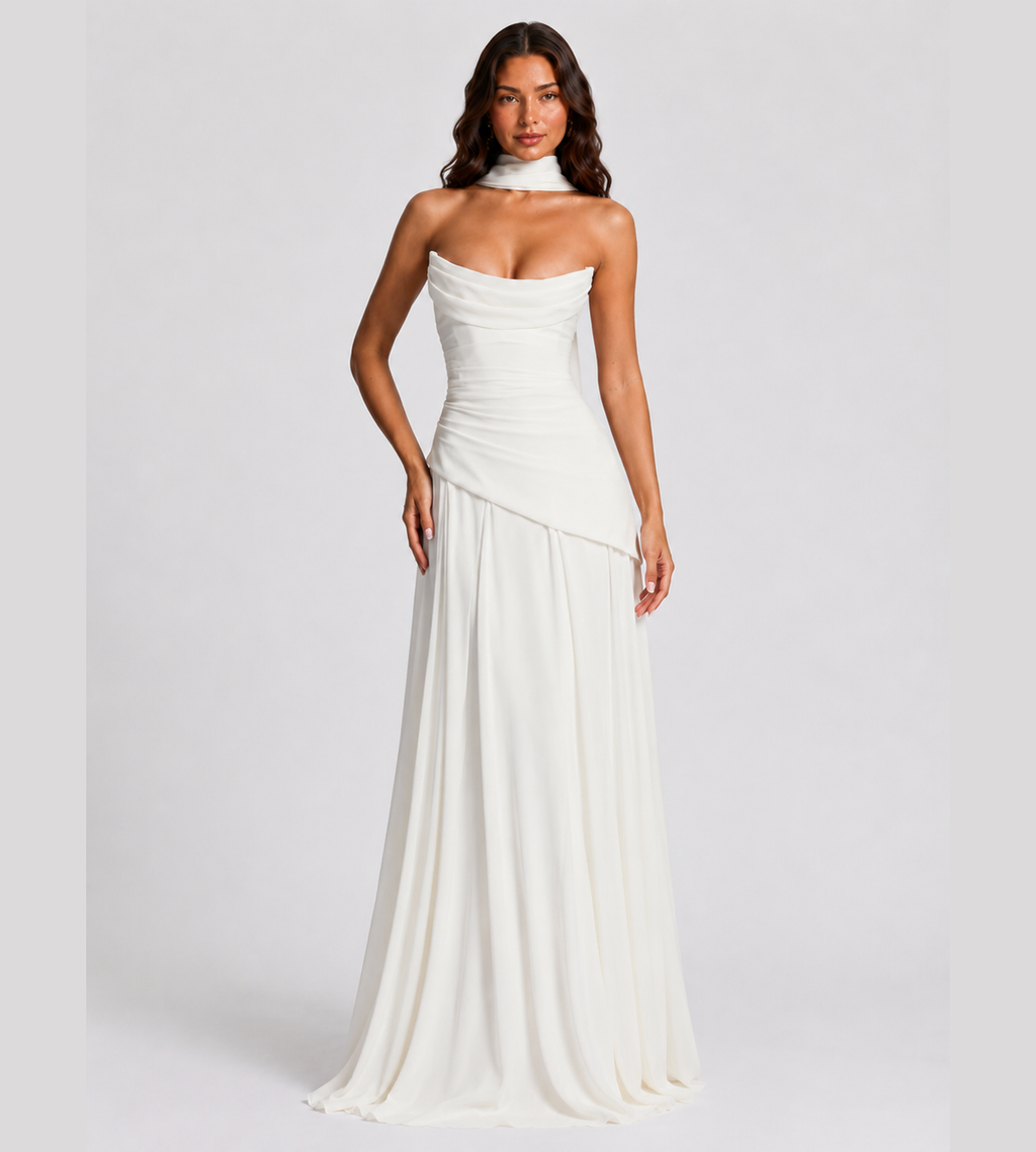 Delphine Scarf-Drape Corset Maxi Dress - White