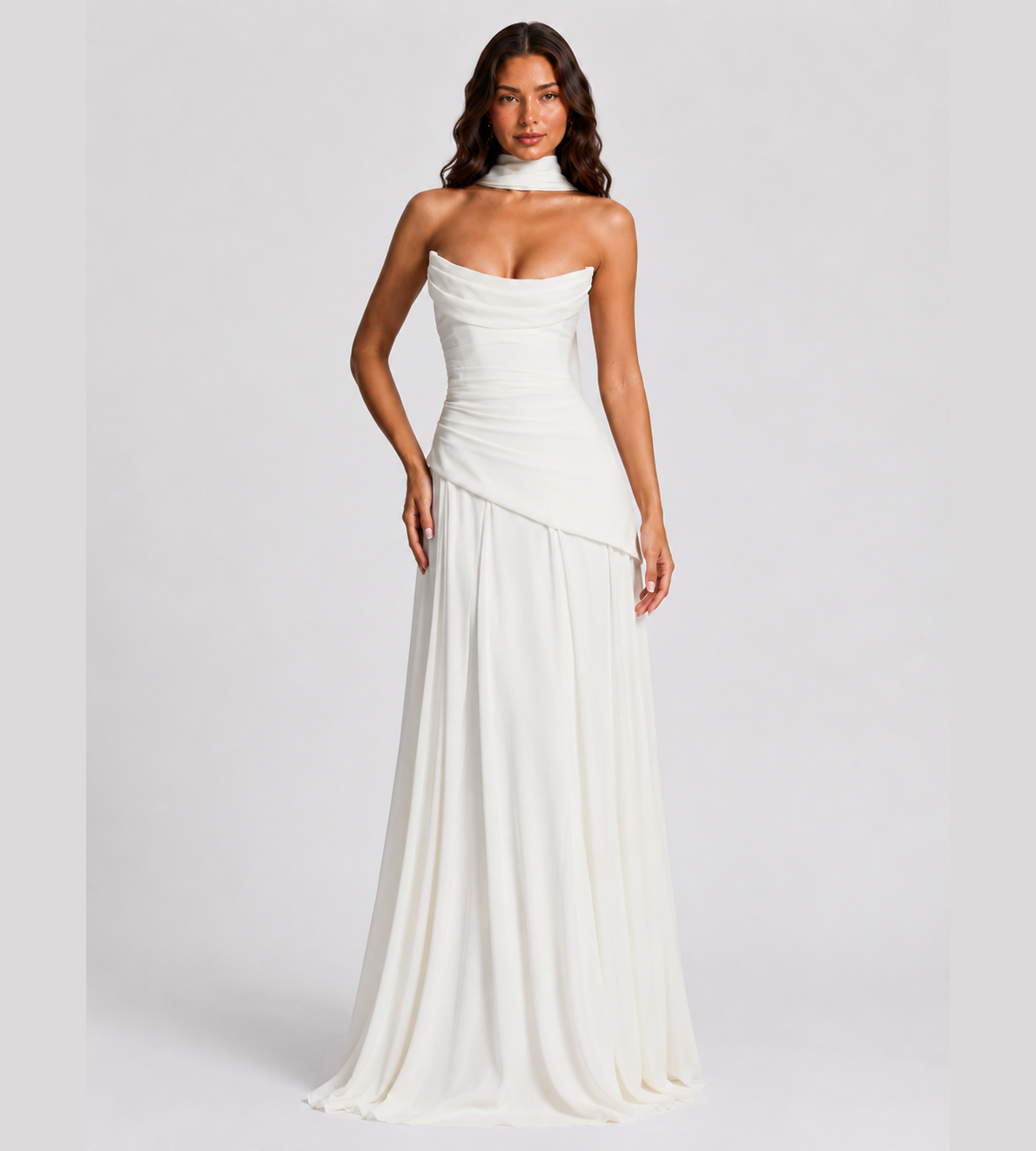 Delphine Scarf-Drape Corset Maxi Dress - White
