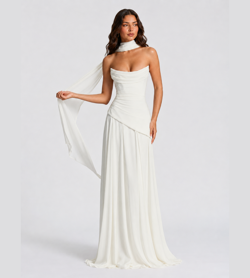 Delphine Scarf-Drape Corset Maxi Dress - White