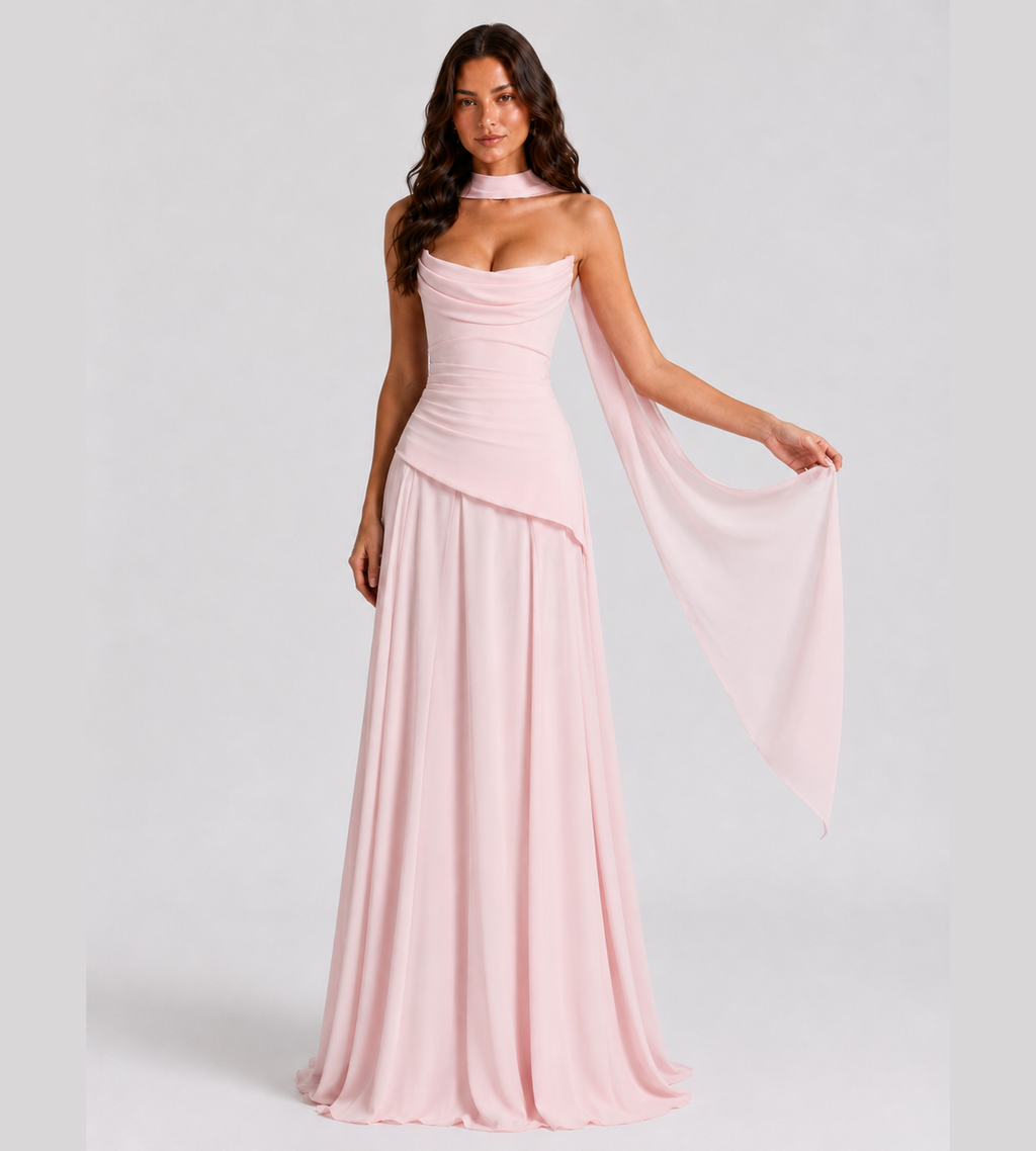 Delphine Scarf-Drape Corset Maxi Dress - Pink