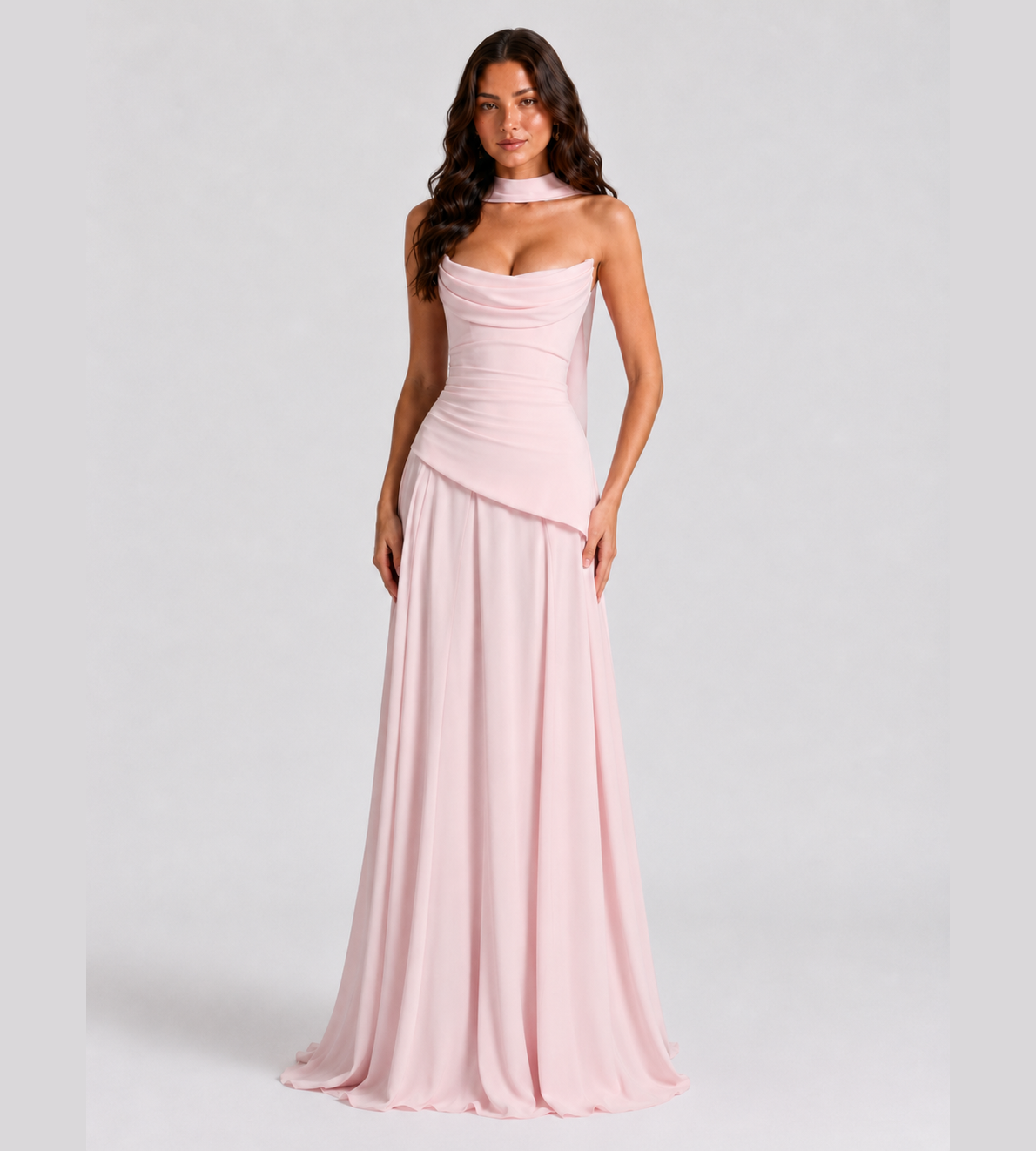 Delphine Scarf-Drape Corset Maxi Dress - Pink