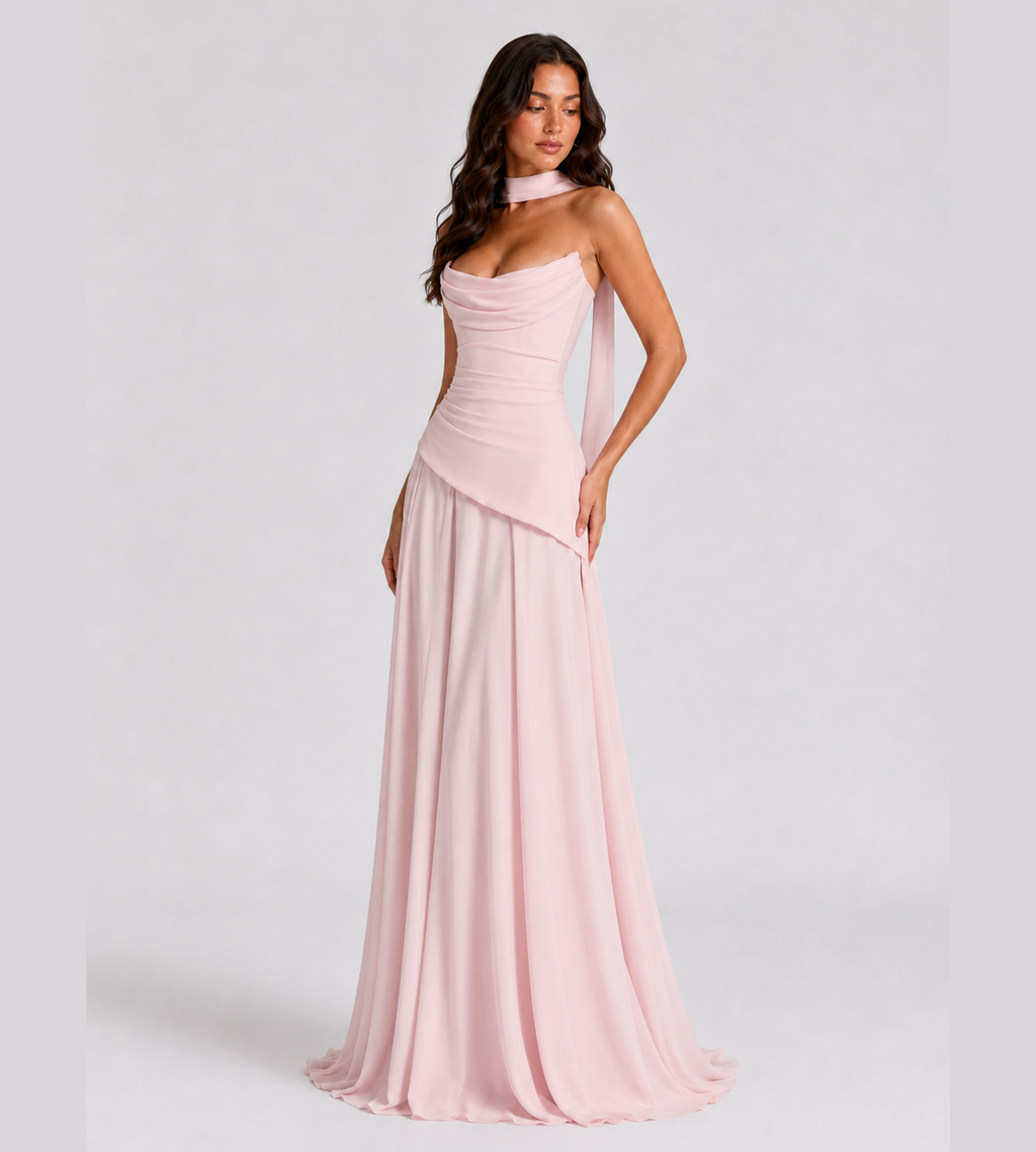 Delphine Scarf-Drape Corset Maxi Dress - Pink